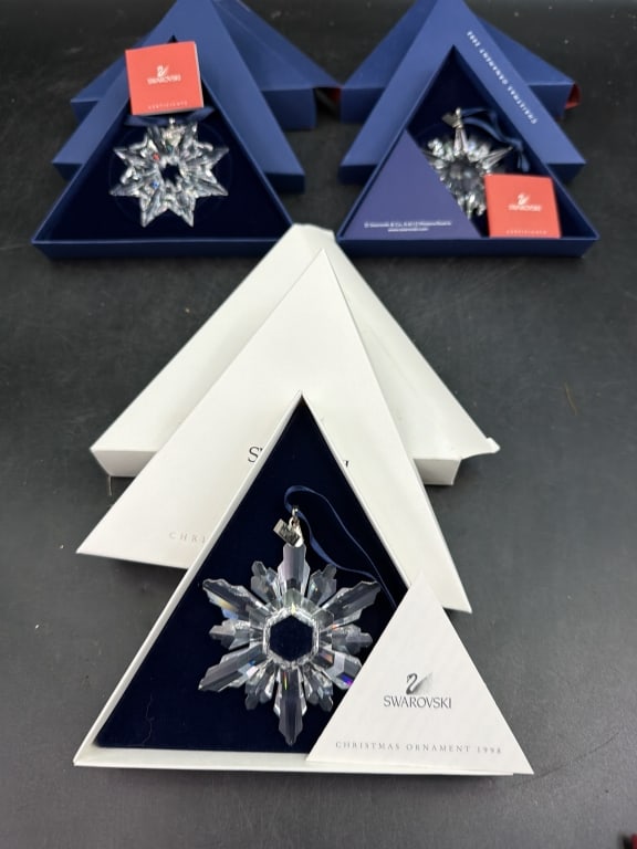Swarvoski Ornaments: Years are 1998, 2002 and 2003. All come in original boxes with papers. See pictures, no refunds given.