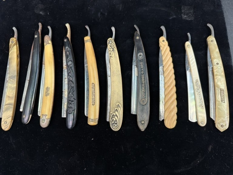 Vintage Straight Razors: Total of 10 in this lot. See pictures for different marks or names. Condition is consistent with age and use. No refunds given.