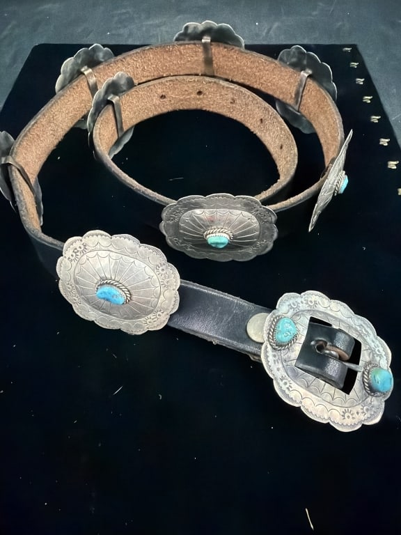Native American Concho Silver Belt: Beautiful silver concho. Belt measures 43" long. Total of 9 silver conchos with turquoise. The conchos are 2 1/4" x 2". condition appears good, see pictures. No refunds given.