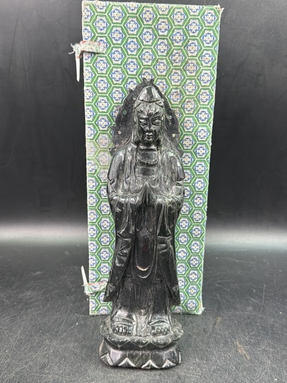 Chinese Jade Guanyin Statue: Has original trade box. Measures about 11" and has wooden stand. Condition appears good, see pictures. No refunds given.