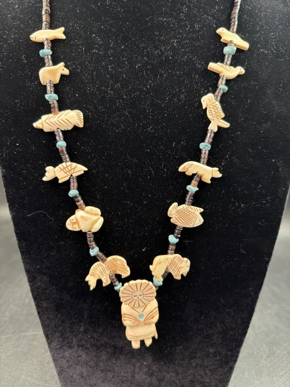 Native American Fetish Necklace: Nice fetish necklace. piece with silver clasp. Measures about 31". See pictures, condition is good. No refunds given.
