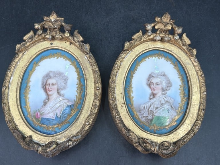 Antique 19th Century Paintings: Marie Antoinette and other is marked Elisabeth. Hand painted on porcelain and mounted in decorative frame. Measures 8" x 5.5" x 1 1/4". Condition is consistent with age and use, see pictures. No