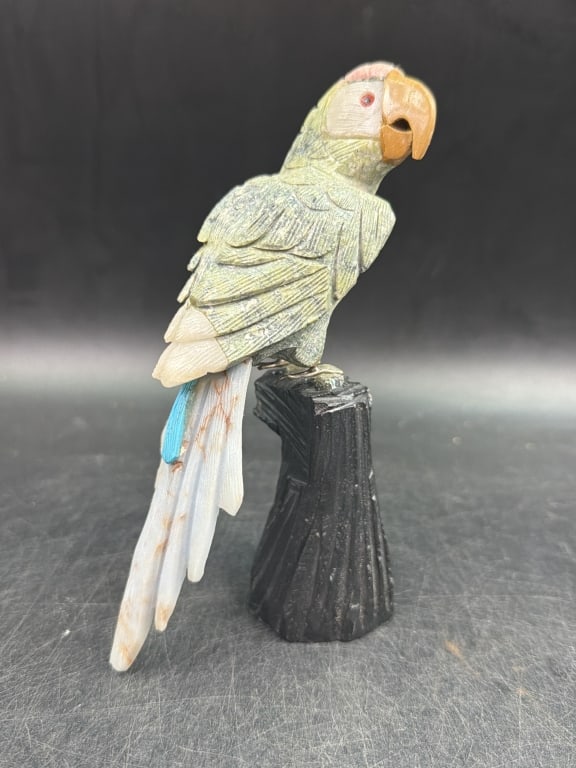 Hand Carved Peruvian Gemstone Parrot: Measures 6.5" and features distinct gray head and green body. Condition appears good, see pictures. No refunds given.