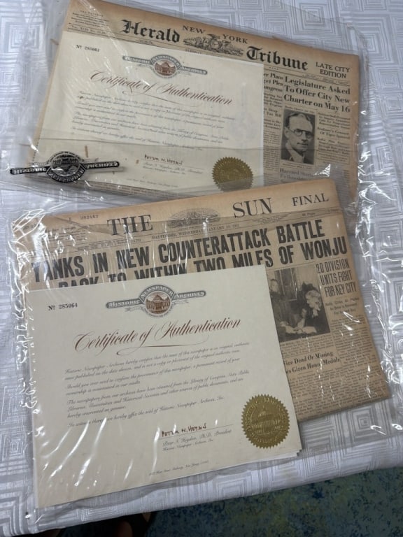Vintage Certified Newspapers: One is the New York Herald Tribune dated January 3, 1933 and the other is The Sun Baltimore January 10, 1951. Both in heavy plastic covers and have COA from Historic Newspaper Archives. See pictures,