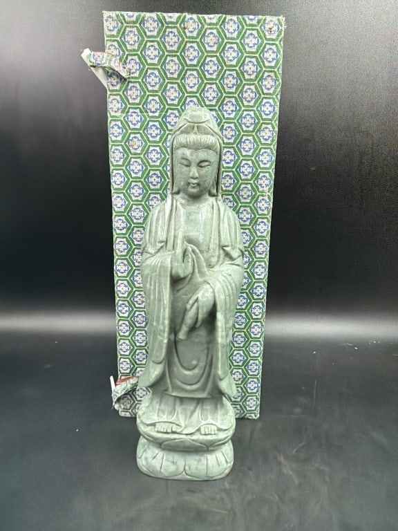 Carved Jade Guaynyin "Goddess of Mercy": Comes in original trade box. Measures 10 3/4"h and condition appears good. See pictures, no refunds given.