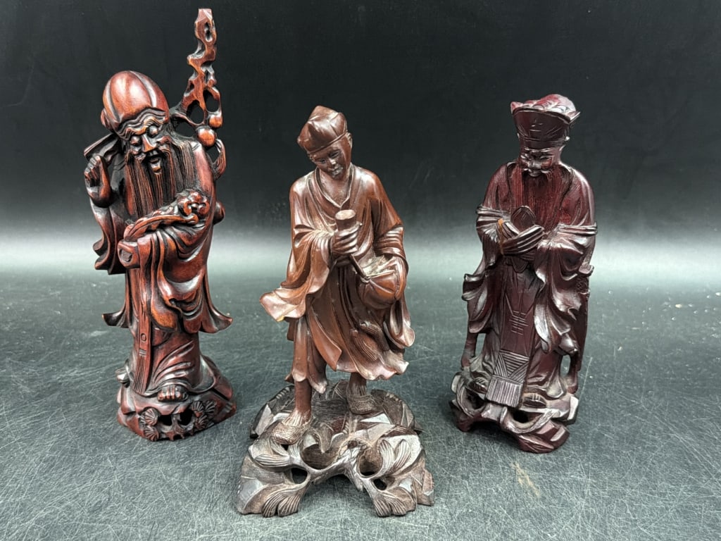 Carved Wooden Statues: Carved from boxwood or rosewood. Total of 3 in this lot. such as Diety Shou Lao, Wenchange Wang and Drunken Monk, Ji Gong. Diety Shou Lao is damaged due to fall see new pictures. No refunds given.