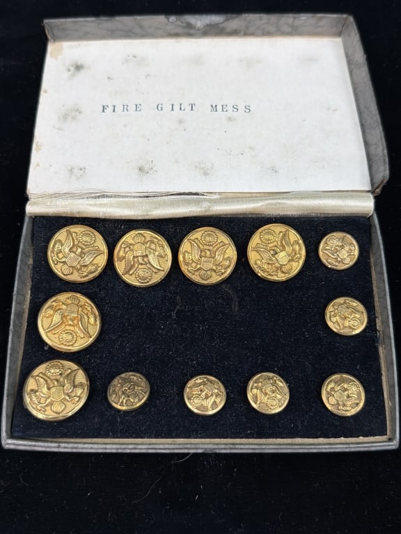 N.S. Meyer Military Uniform Buttons: come in original box, Fire Gilt Mess which indicates been intended for formal or specialized military wear. See pictures, condition is consistent with age and use. No refunds given.