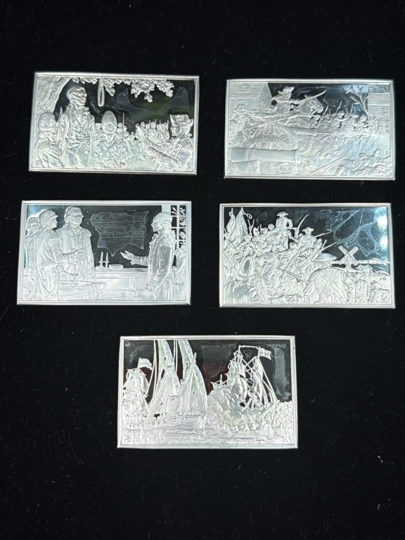 Official Commemorative Ingots: Issued by the Bicentennial Council of the Thirteen Original States on October 11, 1976. Total of 5 in this lot. .925 sterling silver. and weighs 287.6 grams. See pictures, no refunds given.