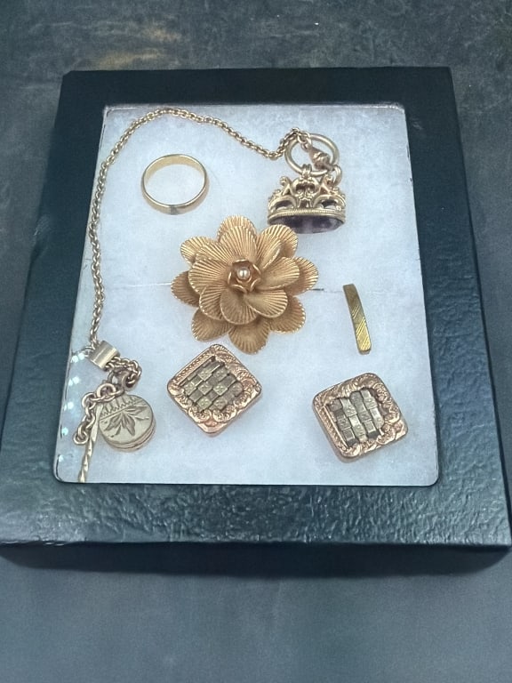Vintage Older Jewelry: In small riker case gold filled antique jewelry. Such as wedding band, watch rob, etc. See pictures, condition is consistent with age and use. No refunds given.
