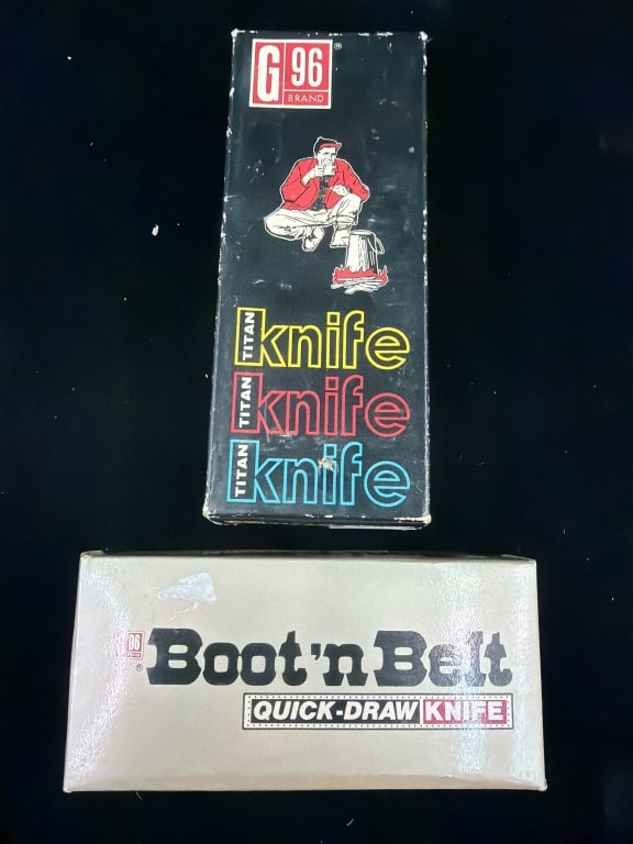 Vintage Pocket Knives in Original Boxes: One is Boot n Belt and the other is G96 brand. Both in original boxes. See pictures, condition appears good. No refunds given.