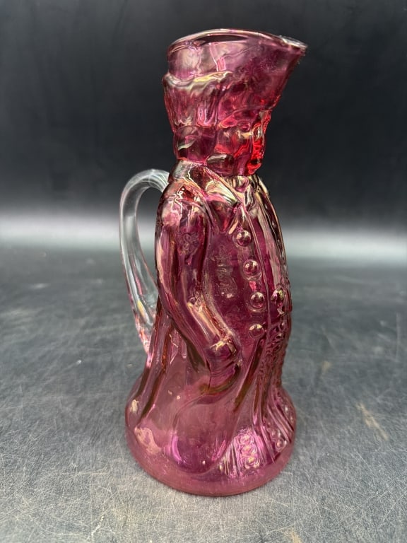 Colonial Cranberry Vintage Syrup Pitcher: Measures about 7 1/2". Condition is good no chips or cracks, see pictures. No refunds given.