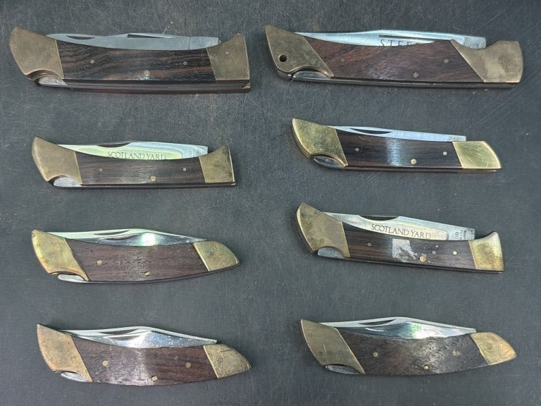 Valor Wilderness K12 Folding Knives: Manufactured in Japan. Knife includes 2 tools, a standard blade and a saw tool. Total of 8 in this lot, see pictures. Condition appears good. No refunds given.