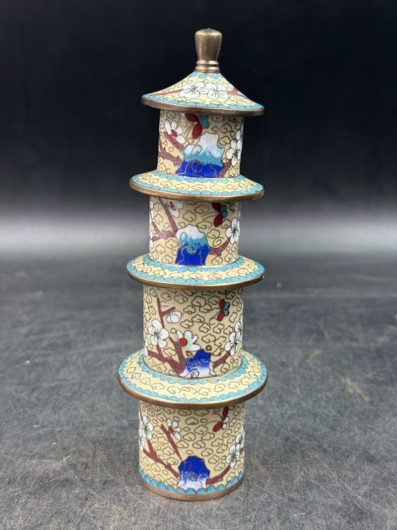 Vintage Chinese Cloisonne: Stackable boxes or cylinder jars used for tea or opium. Features enamel over brass. Measures 7"h. Condition appears good, see pictures. No refunds given.