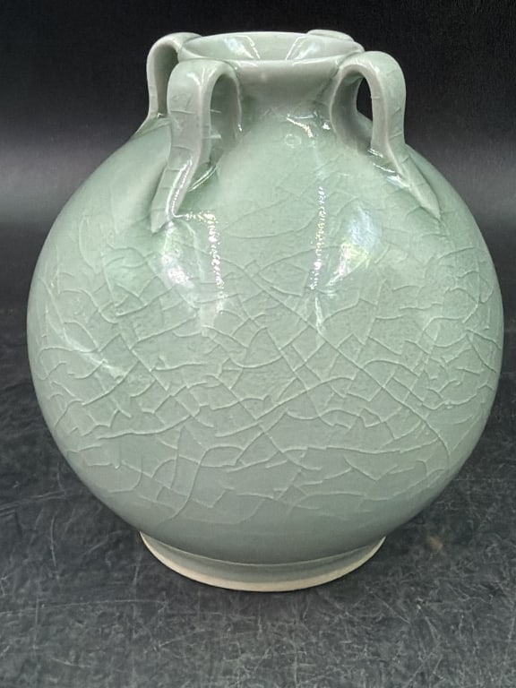 Chinese Celadon Glazed Pottery: Rounded pearl shaped body with crackleware texture. four small curved handles and measures 4.5". Condition appears good, see pictures. No refunds given.