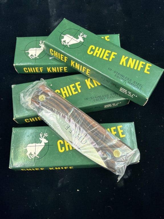Vintage Chief Knife: Total of 4 old stock in original packaging. Stainless steel with ebony handles. Produced by Valor Cutlery of Miami, Florida and made in Japan. Condition appears good, see pictures, No refunds given.