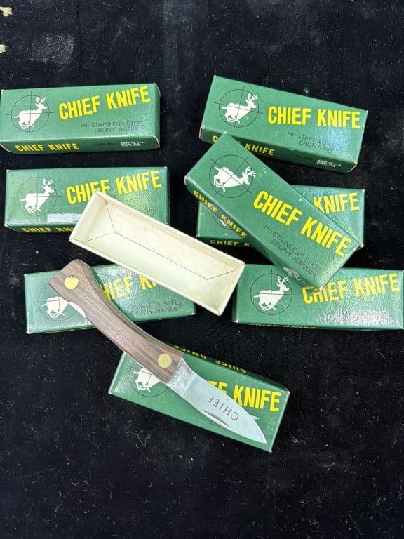 Vintage Chief Knife: Total of 8 in this lot all with original old stock boxes. Stainless steel with ebony handles. Produced by Valor Cutlery of Miami, Florida and made in Japan. See pictures, no refunds given.