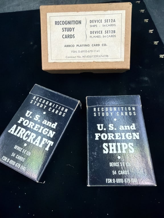 Vintage US Navy Recognition Study Cards: Features ships and planes. Both sets are in original packaging with original box. Education training aids for identifying aircraft and vessels. See pictures, No refunds given.