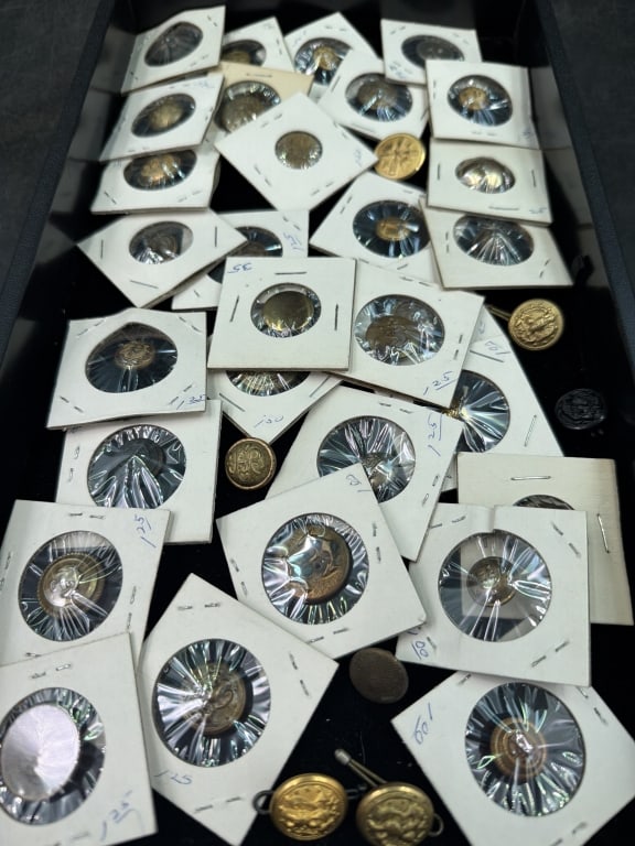 Vintage Brass or Gilt Metal Military Buttons: Total of 28 in holders and 6 loose. Condition appears good, see pictures. No refunds given.