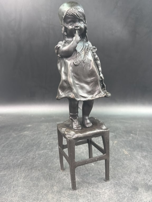 Bronze "Girl on a Stool": Young girl standing semi barefoot on a stool. Measures about 12" and condition is good, see pictures. No refunds given.