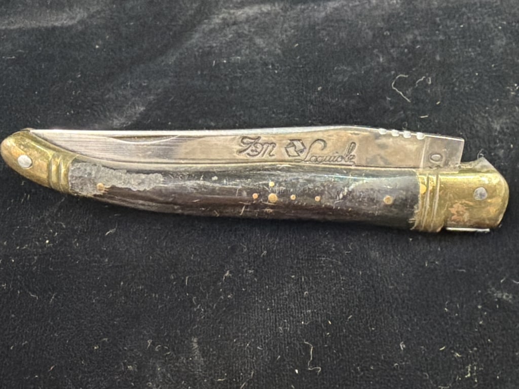 Laguiold Folding Knife: Traditional French style known for distinct bee emblem on the spring. Handle from natural wood such as horn or specialized wood to create unique color patterns. See pictures, no refunds given.