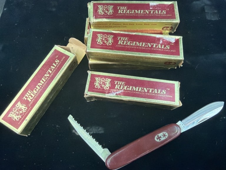 The Regimentals Pocket Knifes: Total of 6 old stock knives in this lot and in original boxes. Joseph Rodgers & Sons LTD in Sheffield England. Condition appears good, see pictures. No refunds given.