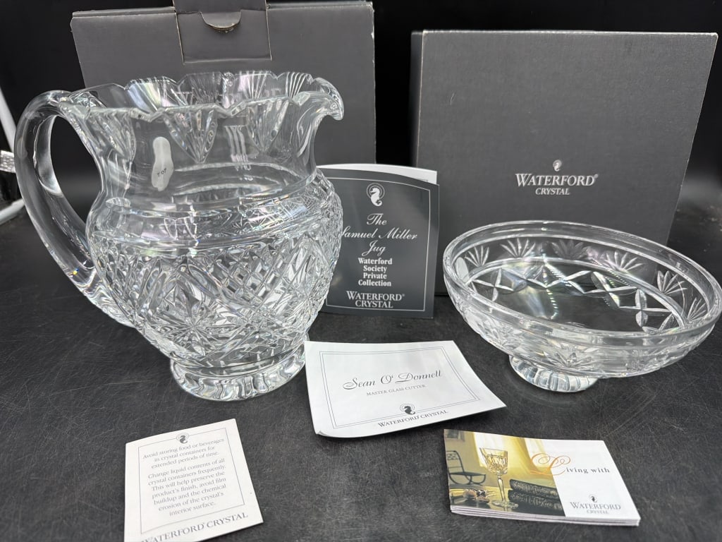 Waterford Glass: One is a Waterford Society Private Collection crystal pitcher (7") and the other piece is Waterford Crystal Keane footed bowl (6 " to 8" in diameter). Both have original boxes and papers, see