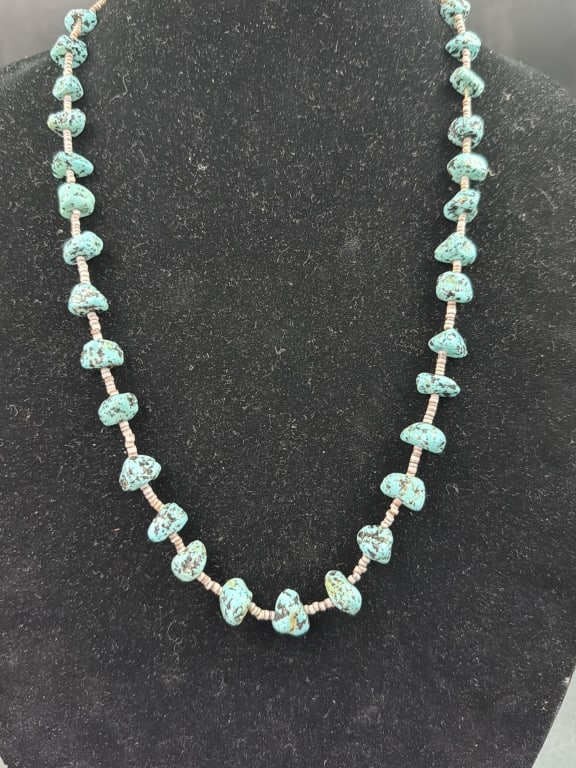 Native American Turquoise Nugget and Heishi Beads: Necklace is on a cord and condition appears good. Measures 28", see pictures. No refunds given.