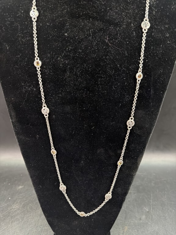 Beautiful Judith Ripka Sterling Necklace: Measures 36 inches long. Necklace citrine stones and every other bezel. Weighs 31.0g. Condition is good, see pictures. No refunds given.