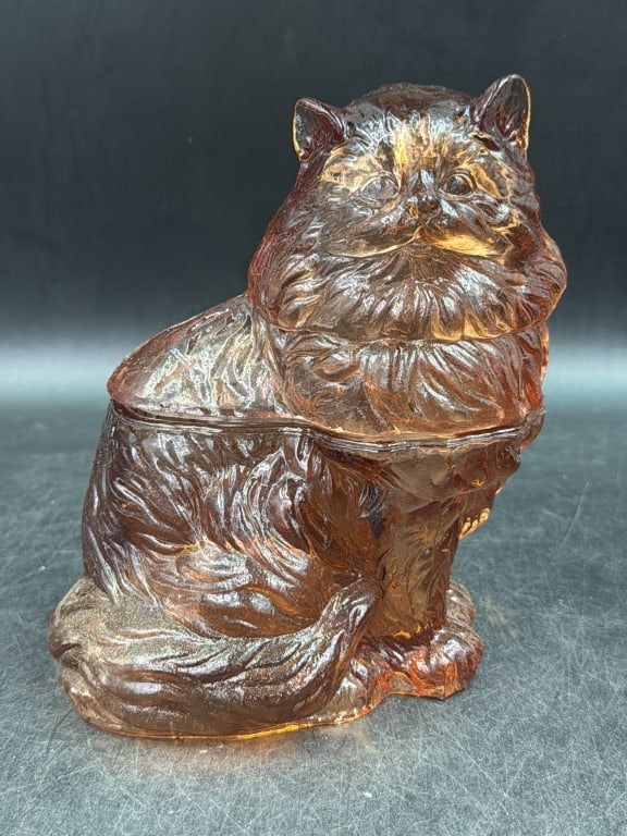 Vintage Amber Pressed Glass Cat Candy Dish: Two piece set consisting of a detailed cat sitting on base. Measures 7.5" x 5". Condition appears good, see pictures. No refunds given.
