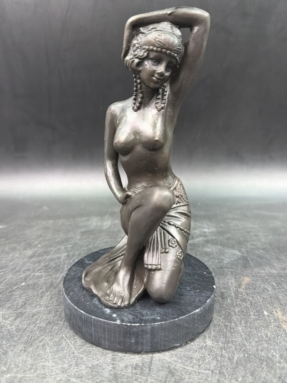 Bronze "Egyptian Dancer" Figurine: Art Deco style dancer is kneeling female figure with stylized hair and jewelry. Measures 7" and condition appears good. Piece is signed. No refunds given.
