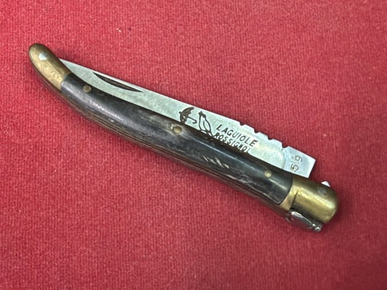 Laguiole Rossignol Folding Knive: Blade is marked with bee emblem and Laguiole Rossignol". Measures about 4 1/4 to 4 3/8 when closed. Condition appears good, see pictures. No refunds given.