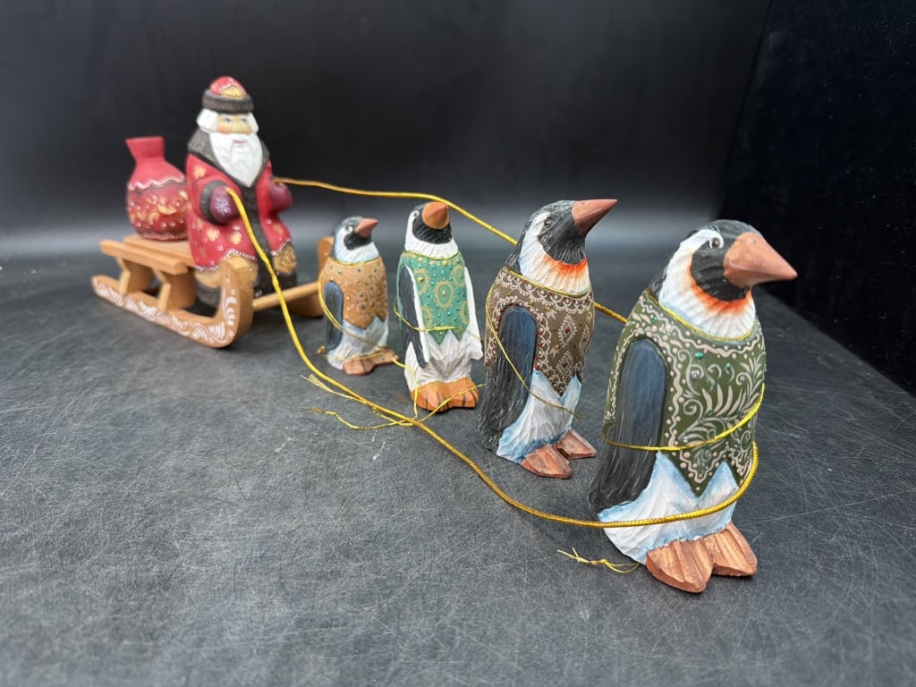 Vintage Russian Father Frost with Penquins: Hand carved and hand painted lot. There is Father Frost his sled and 5 penquins (1 is not pictured). Condition appears good, see pictures. No refunds given.