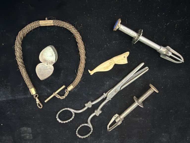 Vintage Mix Lot: There is a total o f 6 items in this lot. There is 2 sugar tongs, 1 watch fob gold filled, silver pill box, scissors and maritime tool. Condition is consistent with age and use, see pictures. No