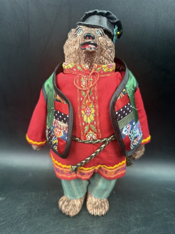 Vintage Russian Folk Art Bear Doll: Handcrafted Russian folk art bear doll. See pictures, condition is good. Traditional red shirt and floral green vest. See pictures, No refunds given.