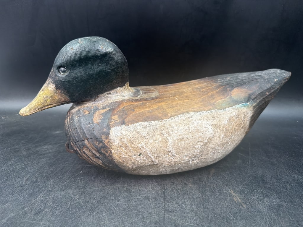 Vintage Antique Wood Duck Decoy: carved wood decoy, signed by carver.Measures 6" x 14" and condition is consistent with age and use. See pictures, no refunds given.