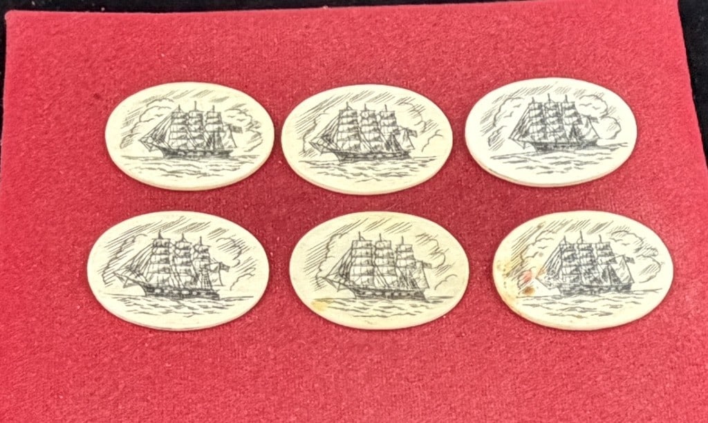 Scrimshaw Cabochons: Each one is a little different and a total of 3 in this lot. See pictures, condition appears good. No refunds given.