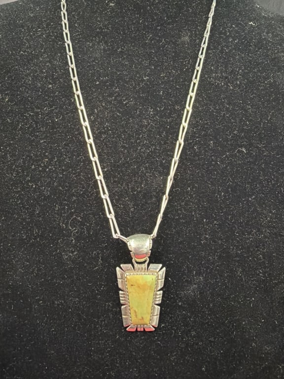 Native American Green Turquoise Sterling Necklace: Beautiful long linked sterling chain as well. Chain measures about 27" and pendant is 2". Total weight is 31.0g and condition is good. See pictures, no refunds given.