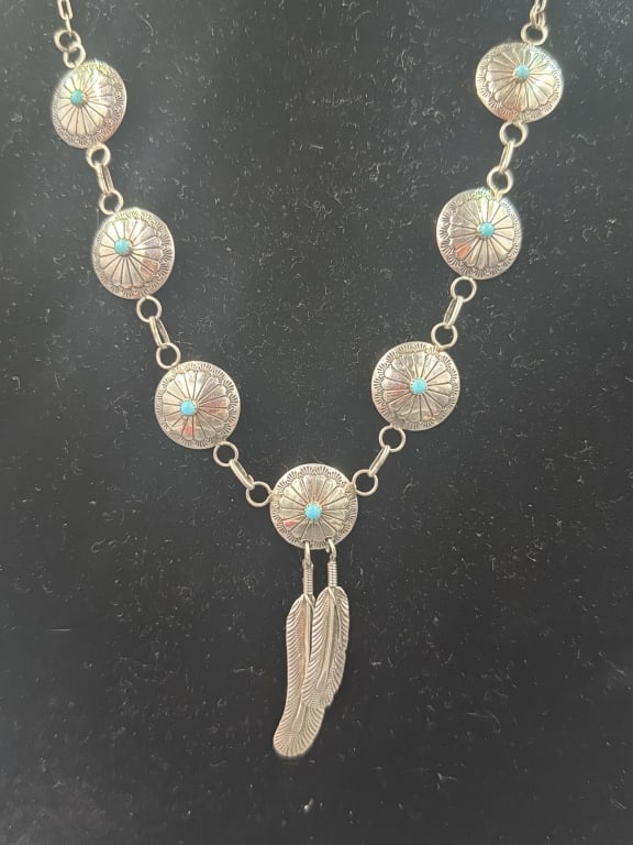 Vintage Native American Sterling Concho Necklace: Signed piece, see pictures. Total weight is 25.7g and condition is good. No refunds given.