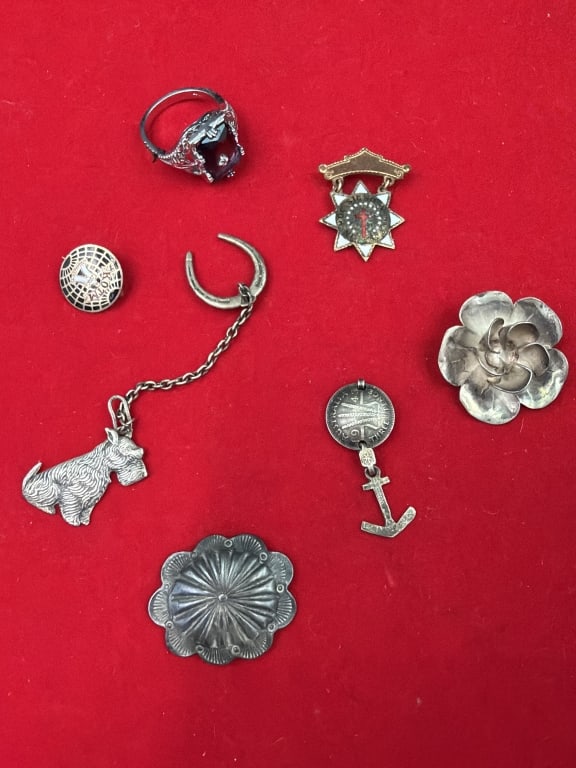 Vintage Jewelry: There is a ring, pins, key chain, brooch, etc. Some is sterling that weighs 22.8g. See pictures, no refunds given.