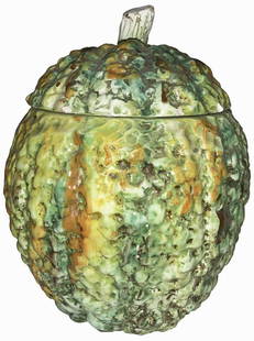 Zaccagni, dis. Urbano ZaccagniNI. 50s.: Complementary forniture - Zaccagni, dis. Urbano ZaccagniNI. 50s. Small pumpkin-shaped composter, decorated in polychrome shades of green and yellow, signature under the base, gluing on the top