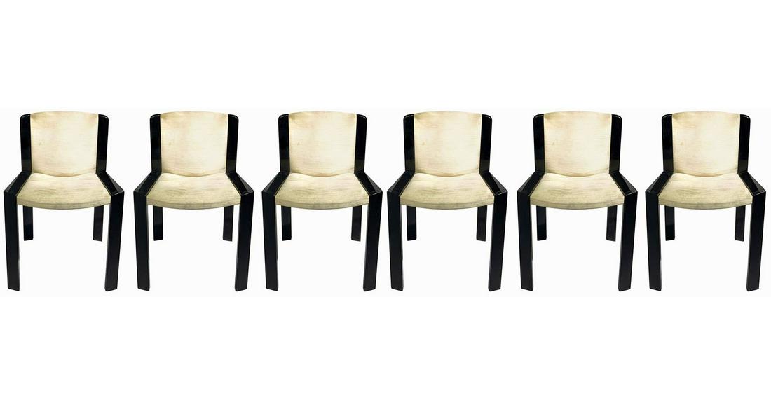 Pozzi, dis. Joe Colombo, mod. 300. Set of six chairs: Complementary forniture - Pozzi, dis. Joe Colombo, mod. 300. Set of six chairs in glossy lacquered wood, seat and back in fabric to be reconditioned. 78x49x51