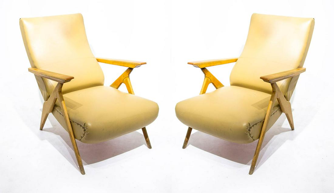 'Gorgon Napoli, 1950s. A pair of recliners in wood,: 'Gorgon Napoli, 1950s. A pair of recliners in wood, 'sky' original structure'