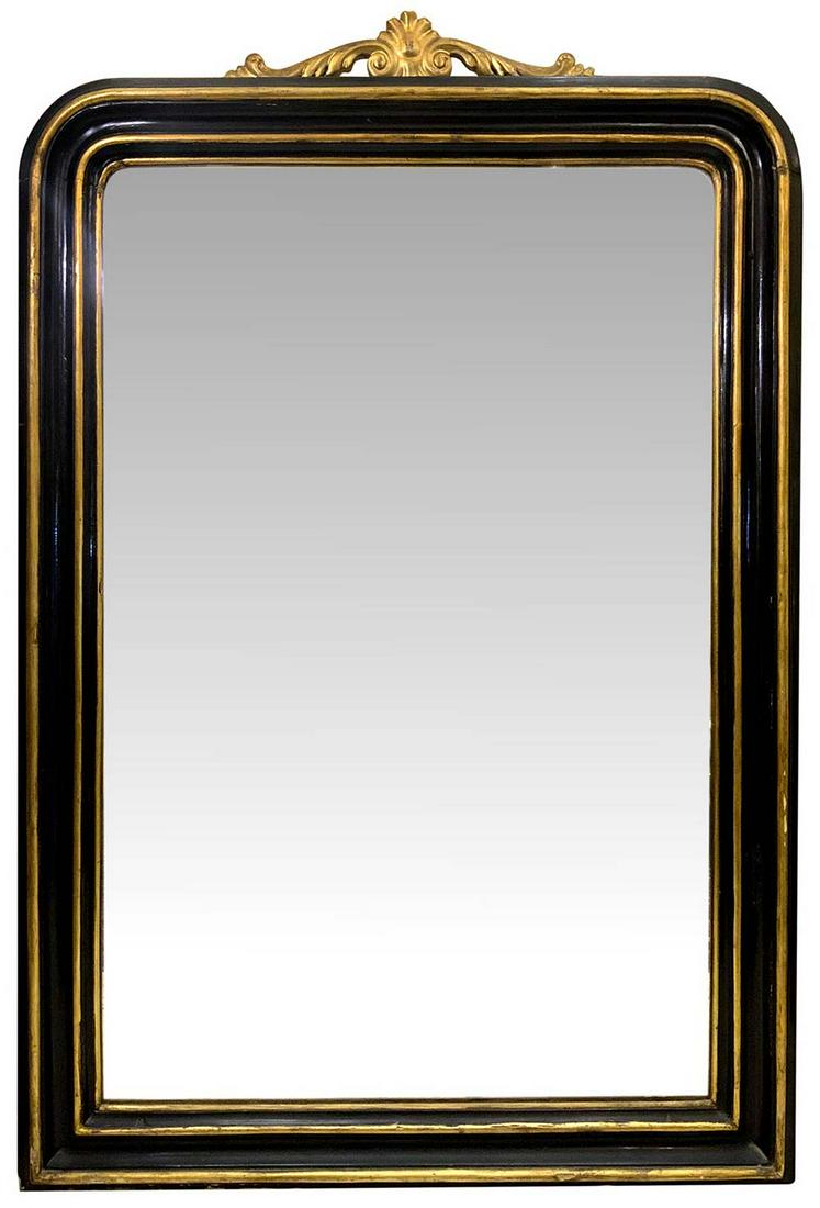 Pair of mirrors in ebonized wood with black edging and: Pair of mirrors in ebonized wood with black edging and gold leaf, nineteenth century Sicily. H cm 135x96.