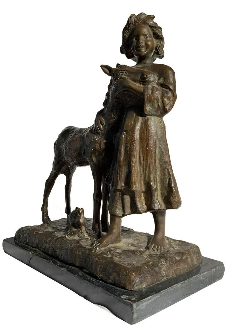 Bronze sculpture depicting a child with donkey by: Bronze sculpture depicting a child with donkey by Giorgio Rossi (San Piero a Sieve 1893 - Firenze 1963). H 30 cm, base 15x26