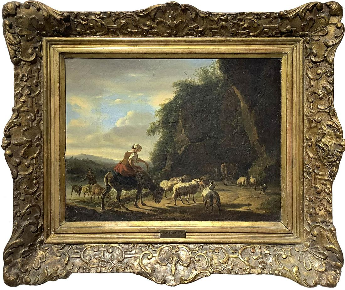 Oil painting on canvas depicting farmers with herds (1 of 3)