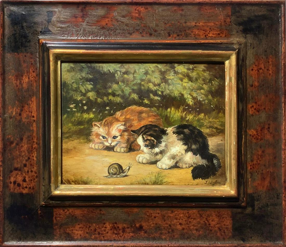 Oil Paint on copper depicting two kittens and snail, (1 of 5)