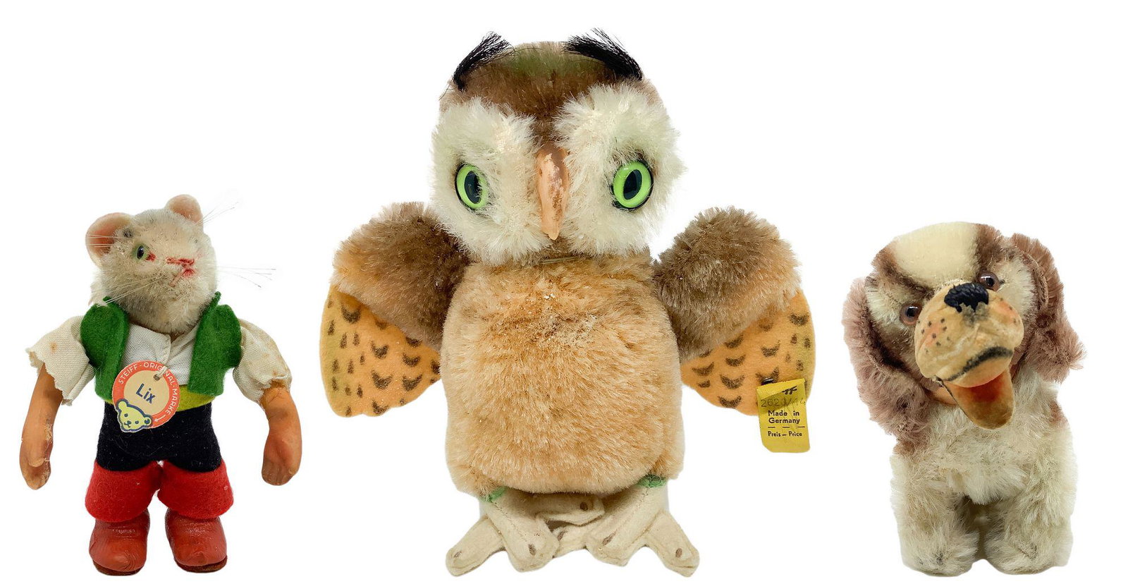 n. 3 Group Steiff plush: dog h 13 cm, owl h 15 cm, cat (1 of 5)