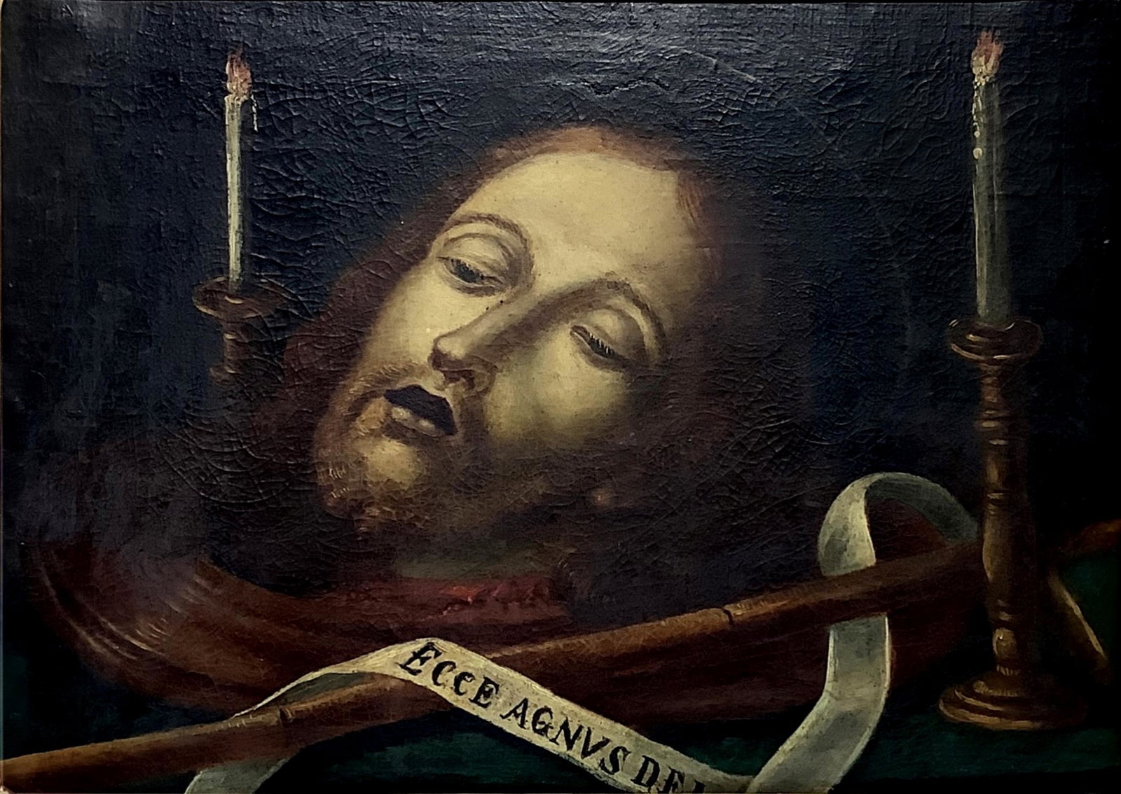 Oil painting on canvas depicting the head of St. John: Oil painting on canvas depicting the head of St. John the Beheaded, late eighteenth / nineteenth century. 37x53 cm, framed 63x78 cm.