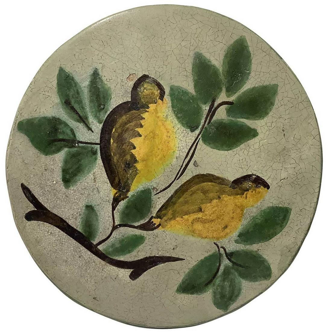 Medallion majolica of Caltagirone, Sicily, 20th: Medallion majolica of Caltagirone, Sicily, 20th century. Branch with lemons. Diameter 27 cm.