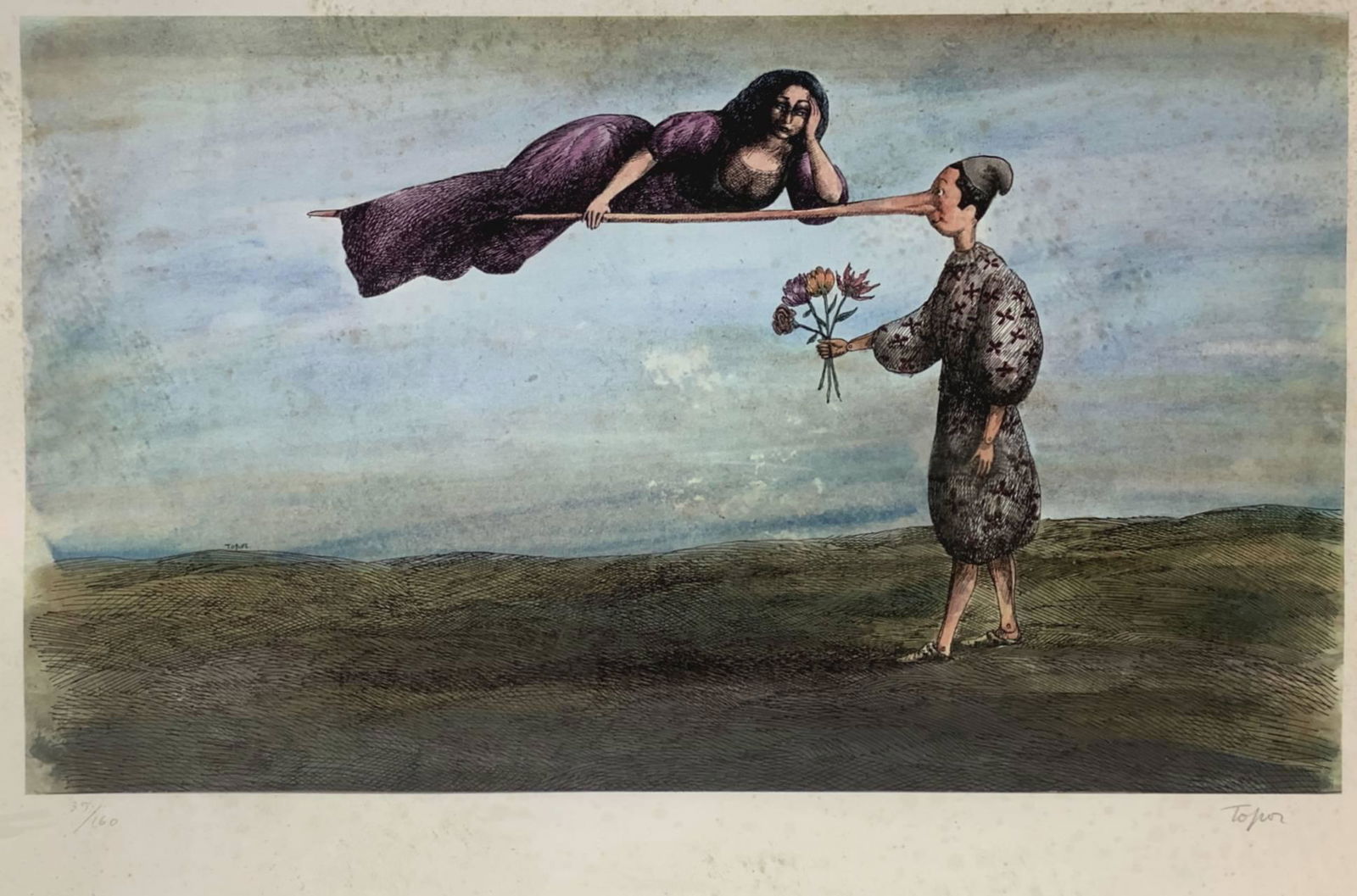 Screen printing depicting Pinocchio. Circulation out of: Screen printing depicting Pinocchio. Out of print edition, 32/160, signed Topor on the bottom right (Paris 1938-1997). Original poster from 1972, reserved to Olivetti customers. 350x570 mm, framed 50x